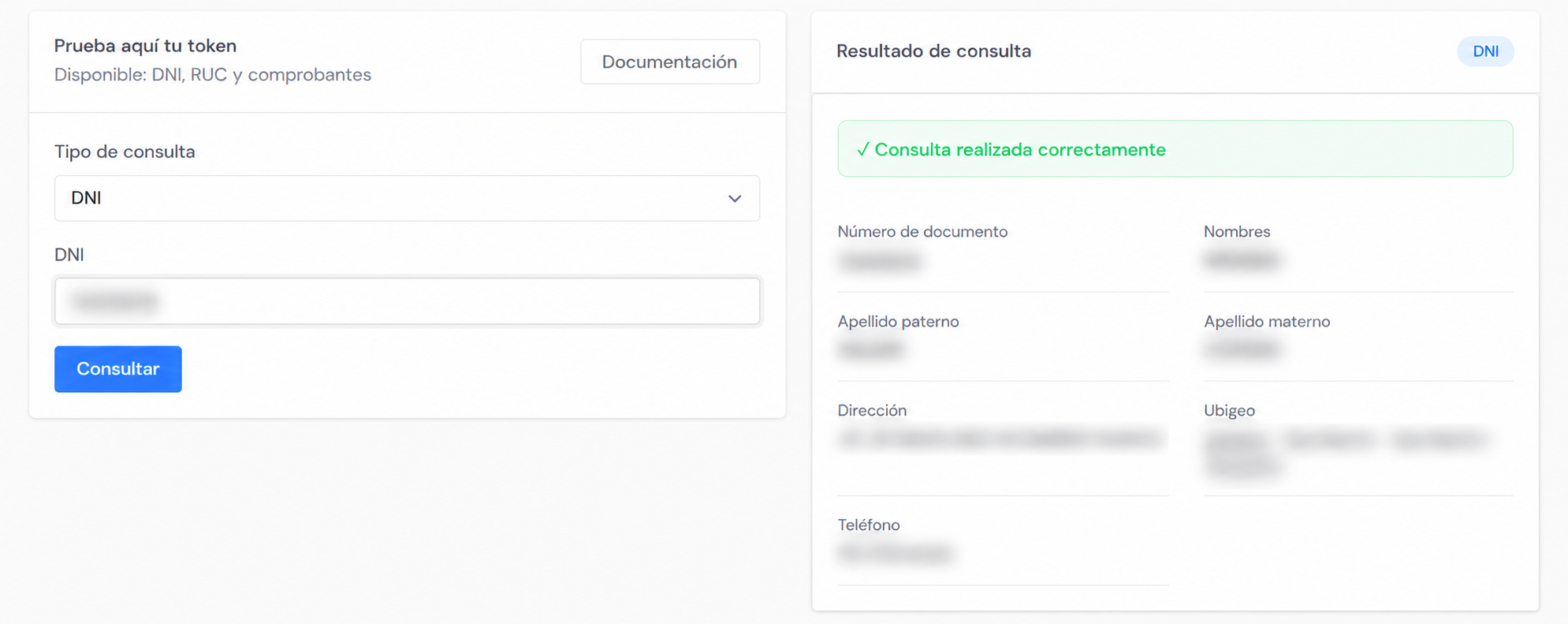 Consulta de DNI con el resultado devuelto por la API Consulta de Apachiy