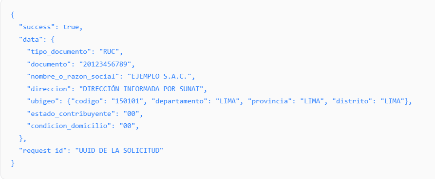 Ejemplo de respuesta JSON de una consulta RUC en Apachiy